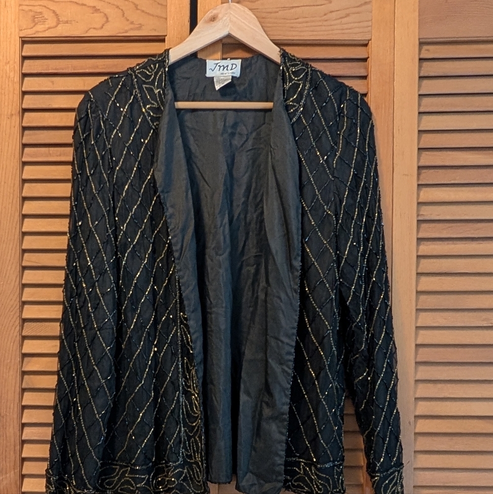 Elegant Black and Gold Women's Blazer - 100% Silk - Size M